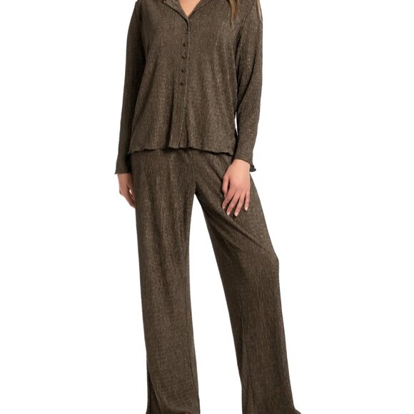 #14 Midnight Bakery Women's Lilith 2-Pc. Ribbed Satin Pajamas Set - Olive - Picture 1 of 1